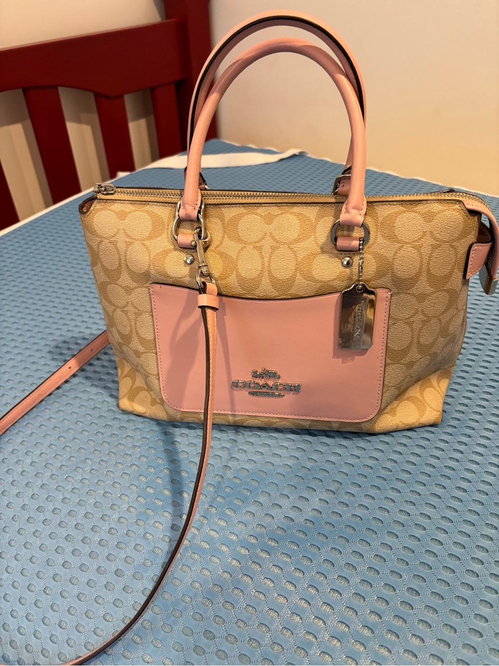 COACH Emma Signature Canvas Satchel with Pink Leather Trim Mint - Picture 9 of 9